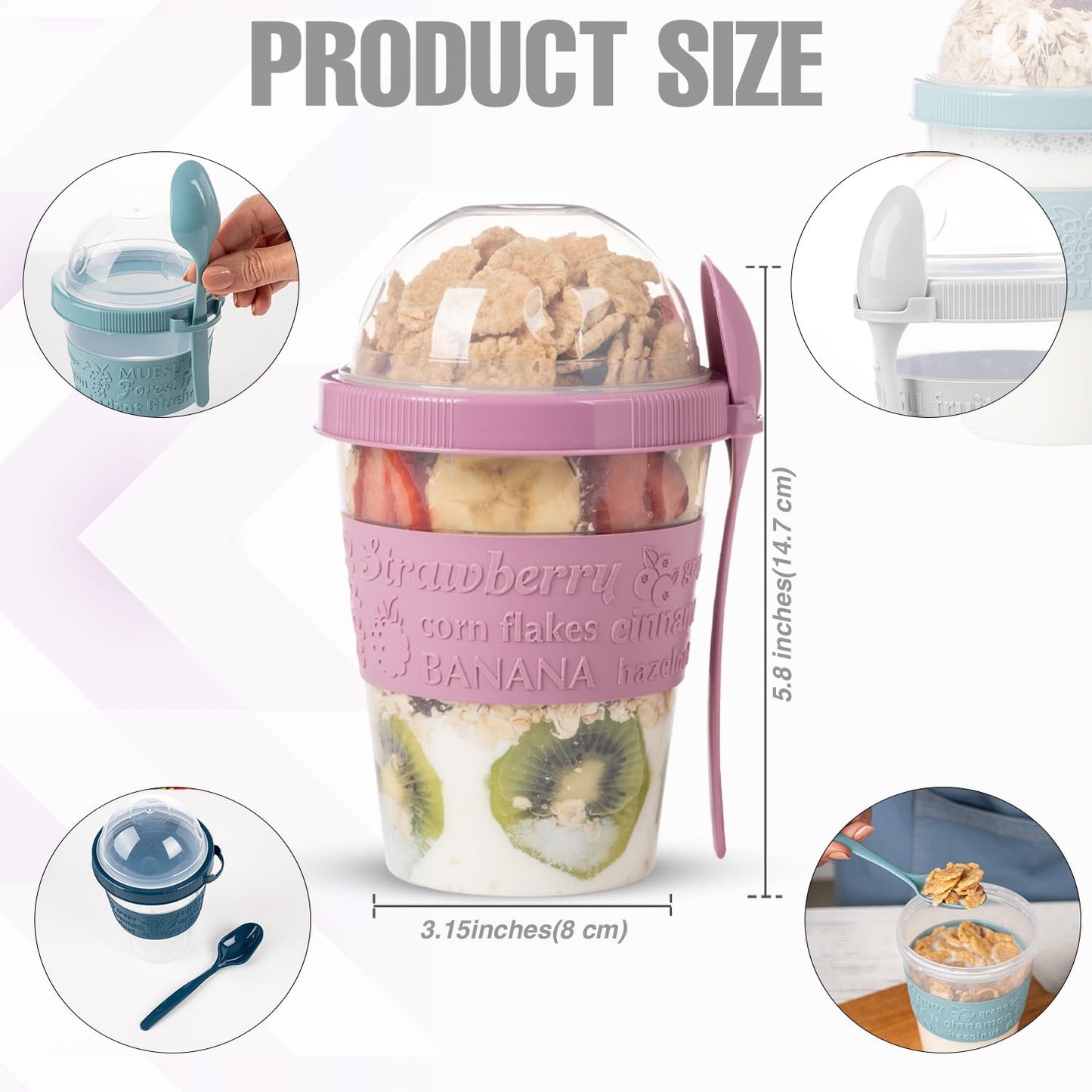 4 Pack on the Go Cereal Yogurt Cups with Lids and Spoon, Overnight Oats Container, Reusable Parfait Plastic Milk Pot Breakfast Crunch Granola Oatmeal Smoothie Snack Prep Jar (4 Colors Set 2)
