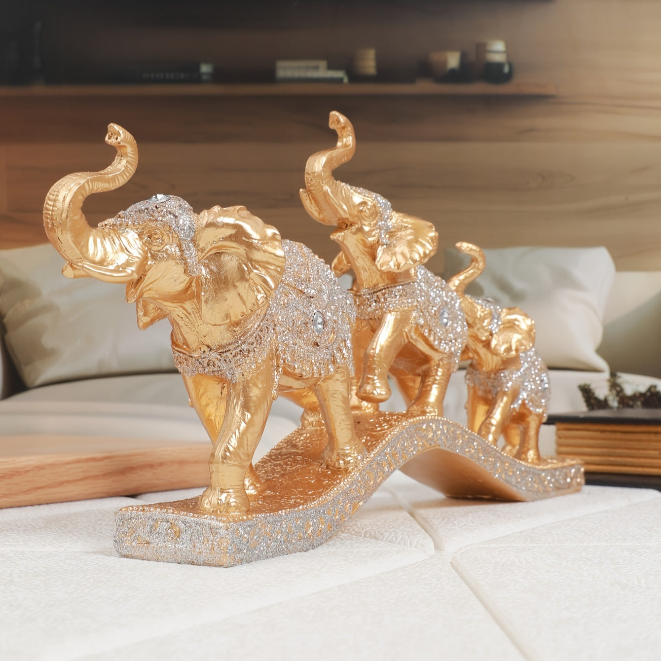 Elegant Resin Elephant Figurines on Golden Base