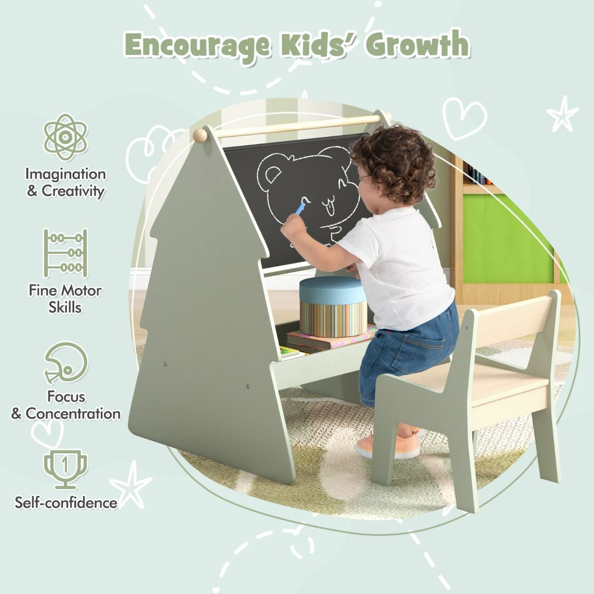 2-In-1 Double-Sided Kids Art Easel with Stool and Paper Roll Holder