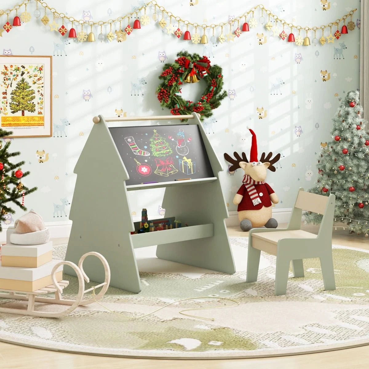 2-In-1 Double-Sided Kids Art Easel with Stool and Paper Roll Holder