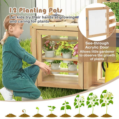 Patio Wooden Pretend Play Kitchen with Plants Observation Room for Kids Outdoor