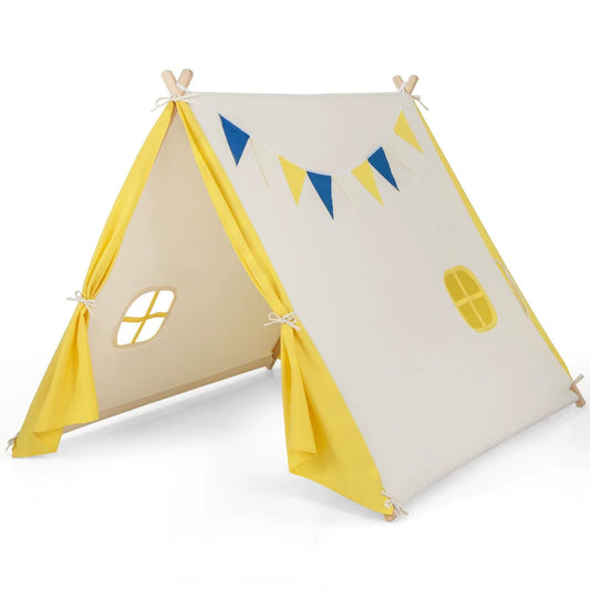 Kids Play Tent Cotton Canvas Playhouse Toddler Castle Tent W/ Solid Wood Frame