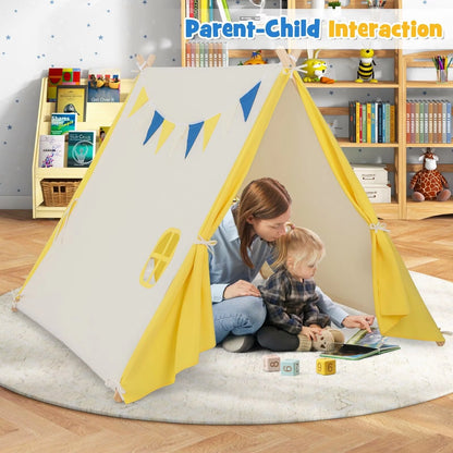 Kids Play Tent Cotton Canvas Playhouse Toddler Castle Tent W/ Solid Wood Frame