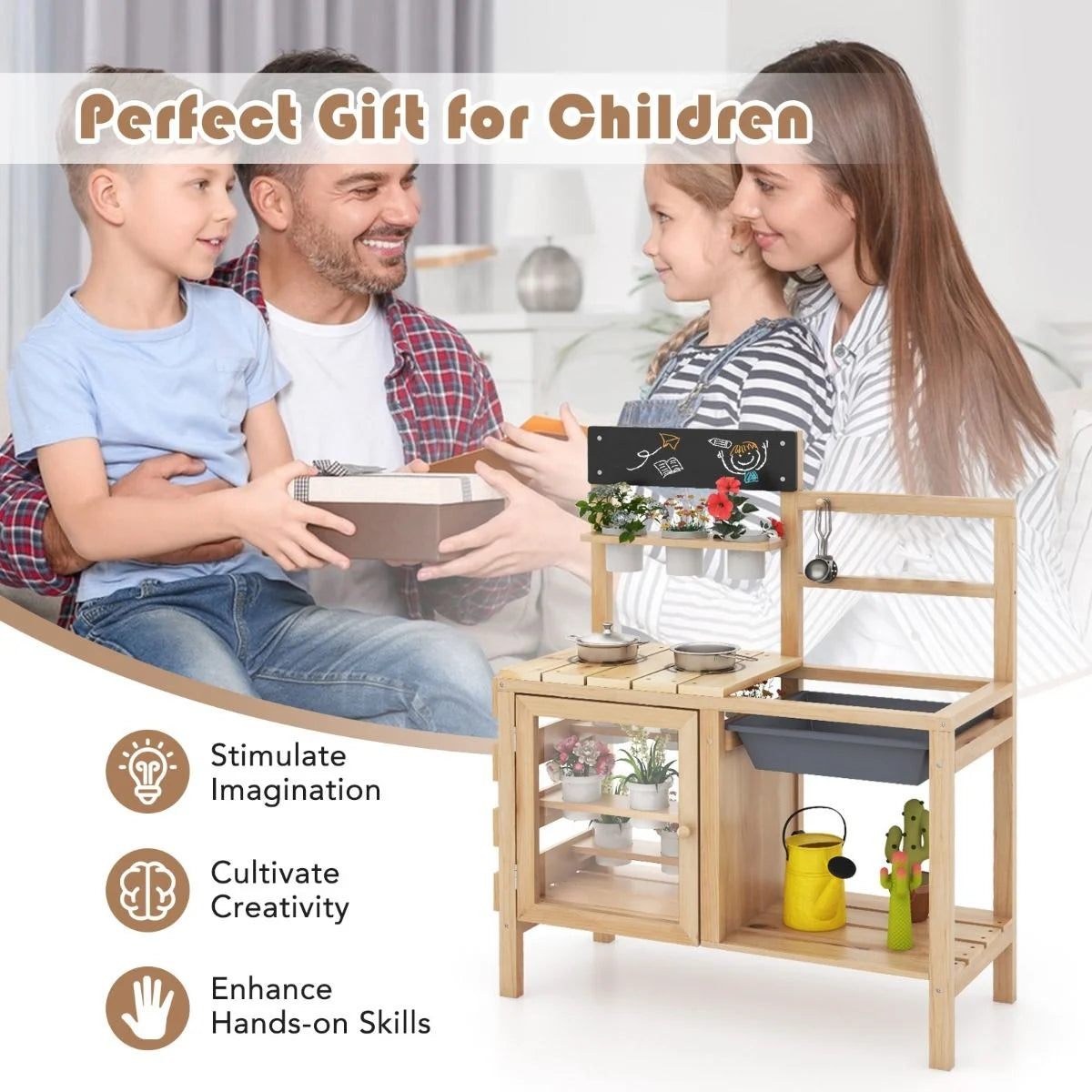 Patio Wooden Pretend Play Kitchen with Plants Observation Room for Kids Outdoor