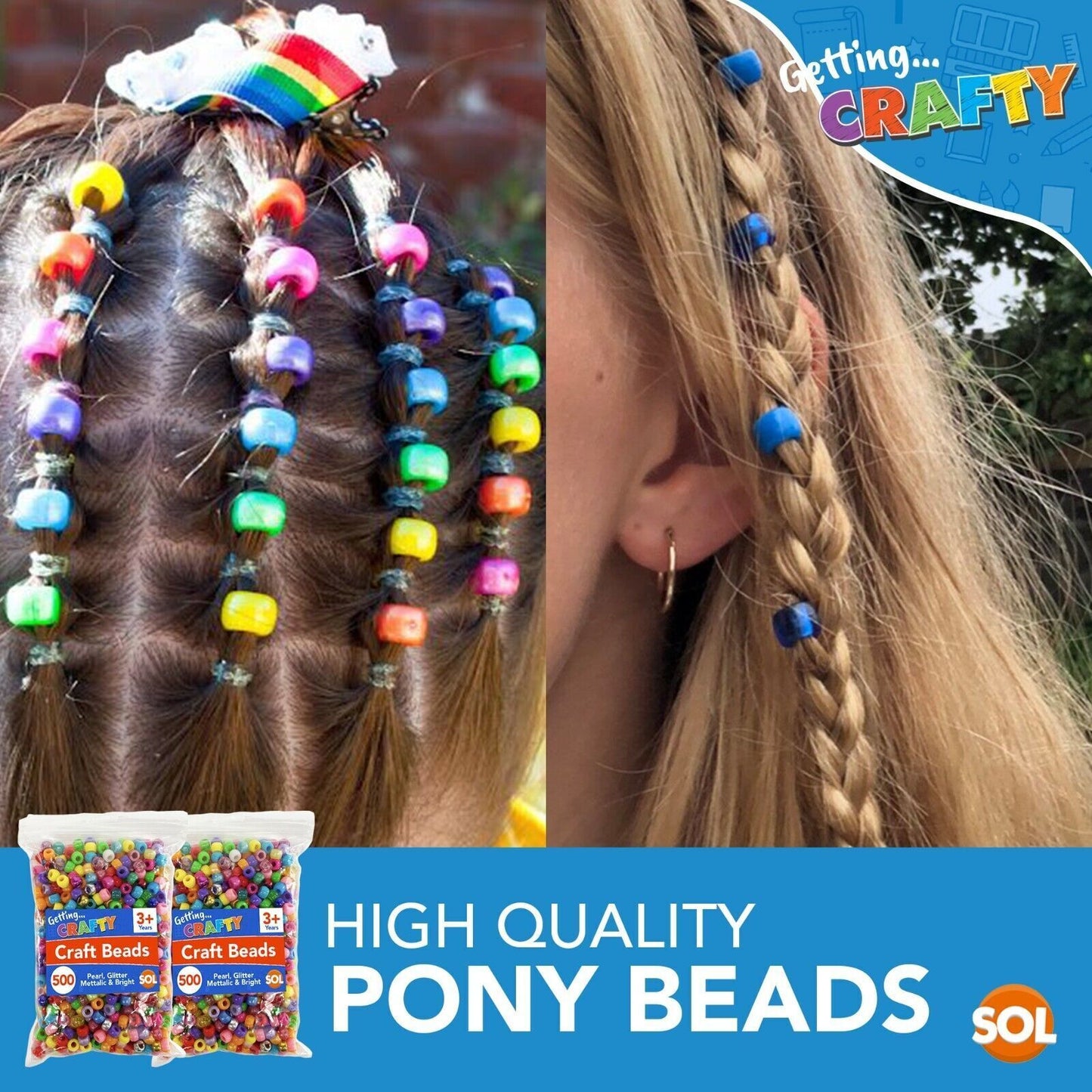 1000 Pony Beads Jewellery Making 9X6 Acrylic Plastic Mixed Glitter Pearl Barrel