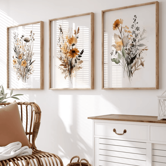 Neutral Watercolor Style Wildflower Canvas Wall Art For Home Decor