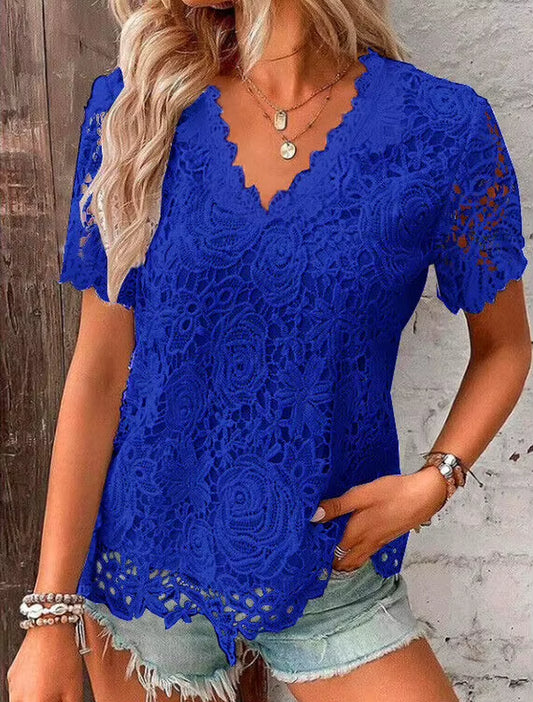 Ladies Lace V Neck Blouse Tee Short Sleeve Summer Tops Casual T-Shirts plus SIZE