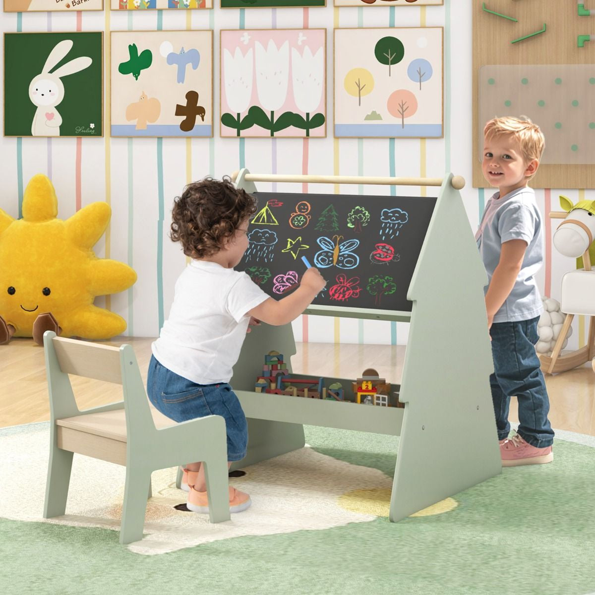 2-In-1 Double-Sided Kids Art Easel with Stool and Paper Roll Holder