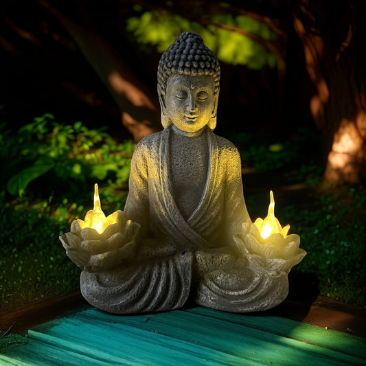 Solar-Powered Zen Garden Statue with Illuminated Bowl & for Lotus Base - Resin Meditation Sculpture