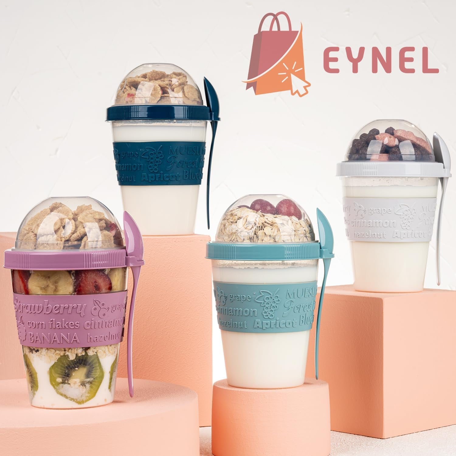 4 Pack on the Go Cereal Yogurt Cups with Lids and Spoon, Overnight Oats Container, Reusable Parfait Plastic Milk Pot Breakfast Crunch Granola Oatmeal Smoothie Snack Prep Jar (4 Colors Set 2)