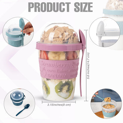 4 Pack on the Go Cereal Yogurt Cups with Lids and Spoon, Overnight Oats Container, Reusable Parfait Plastic Milk Pot Breakfast Crunch Granola Oatmeal Smoothie Snack Prep Jar (4 Colors Set 2)