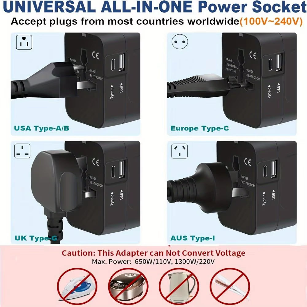 Universal Travel Adapter 1 USB+1 Type-C Charger Wall Charger AC Power Adapter USA EU UK AUS Converter Adapter USB Charger