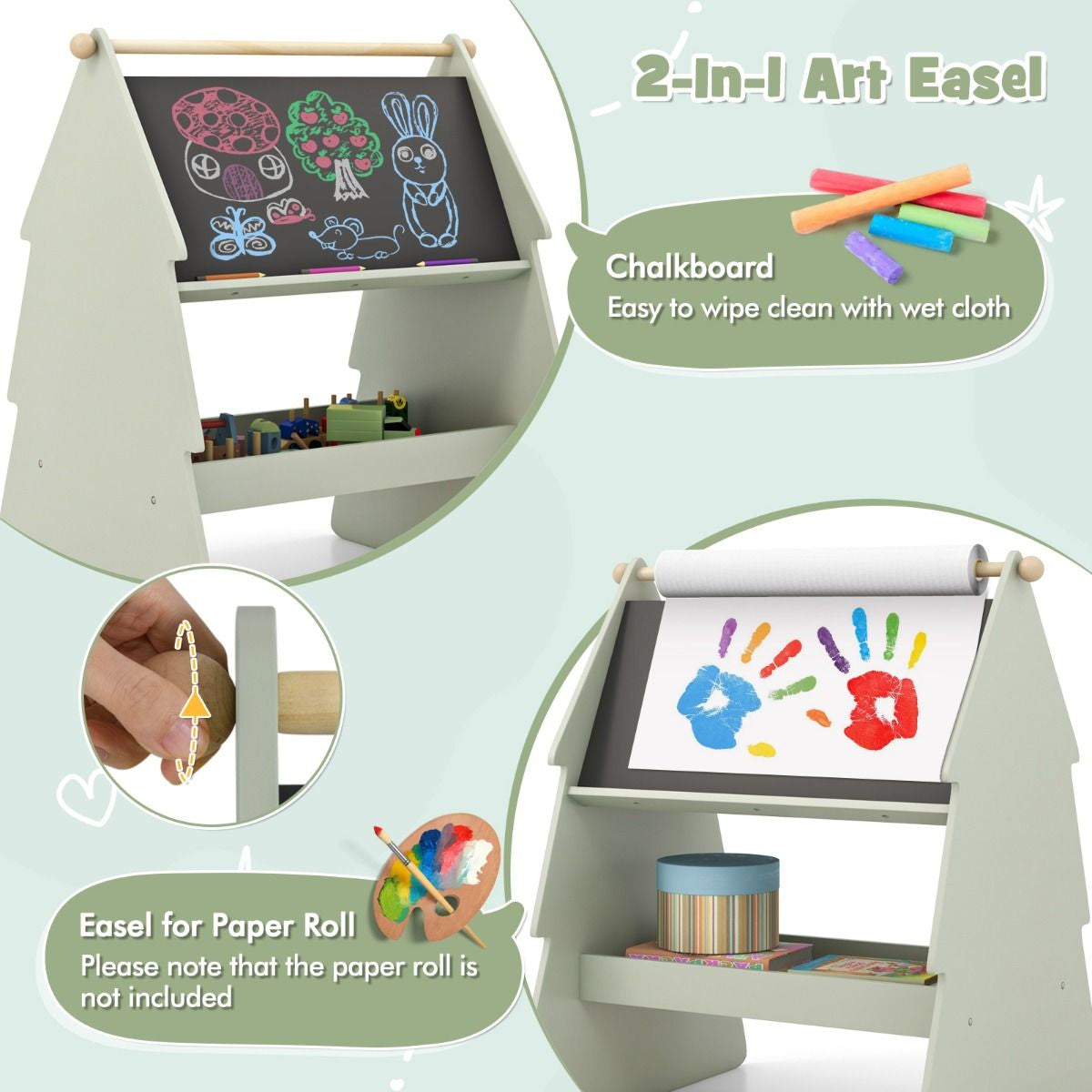 2-In-1 Double-Sided Kids Art Easel with Stool and Paper Roll Holder