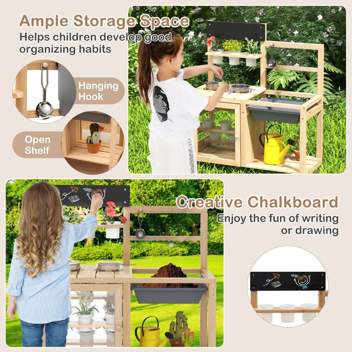 Patio Wooden Pretend Play Kitchen with Plants Observation Room for Kids Outdoor