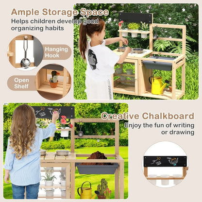Patio Wooden Pretend Play Kitchen with Plants Observation Room for Kids Outdoor