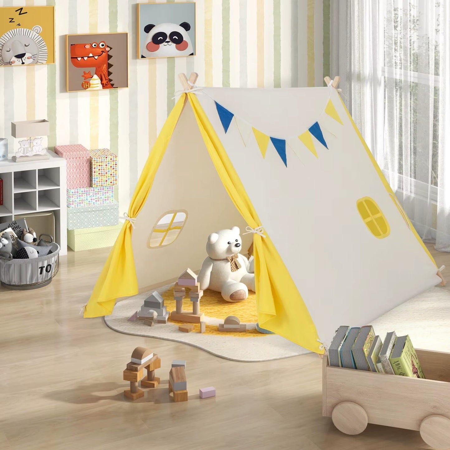 Kids Play Tent Cotton Canvas Playhouse Toddler Castle Tent W/ Solid Wood Frame
