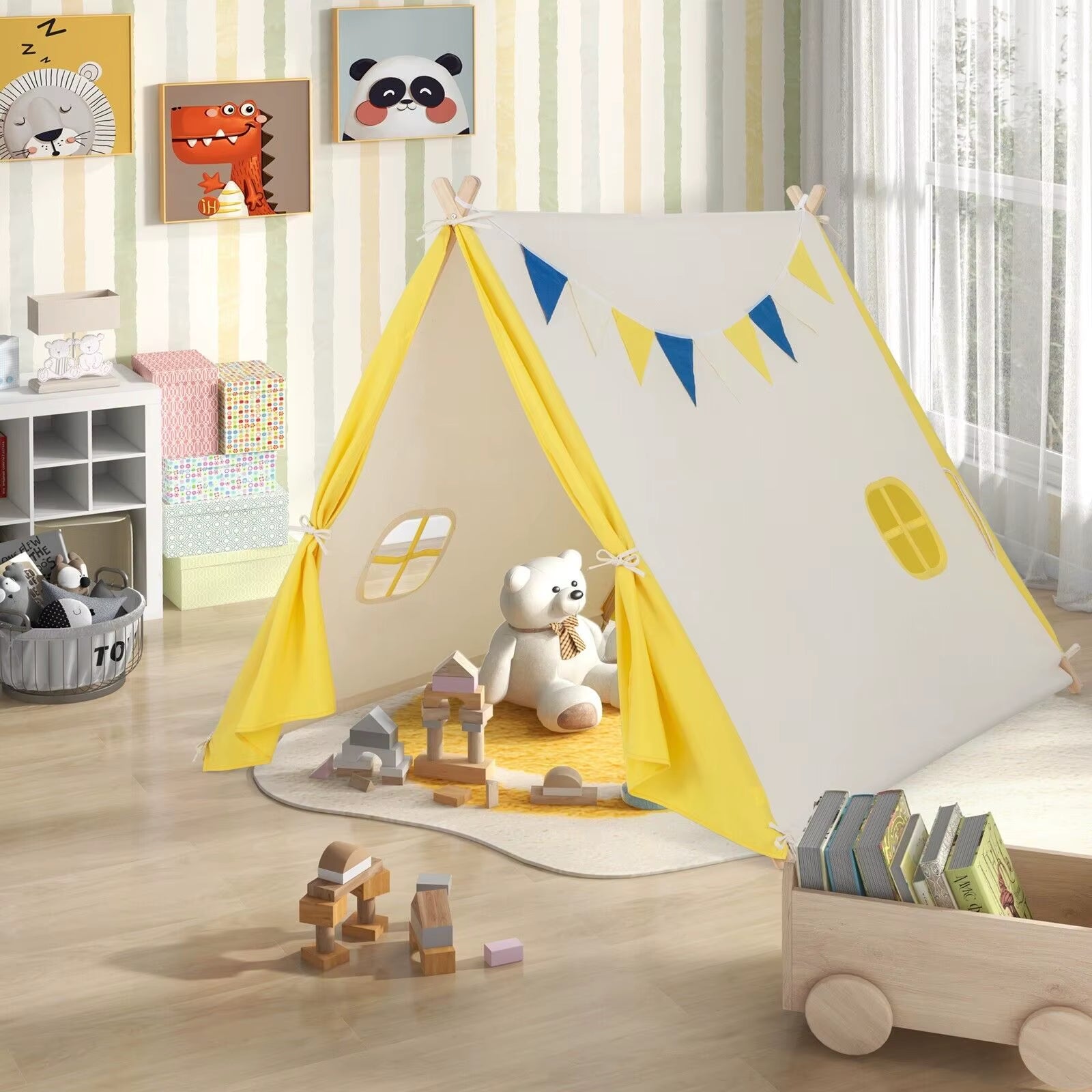 Kids Play Tent Cotton Canvas Playhouse Toddler Castle Tent W/ Solid Wood Frame