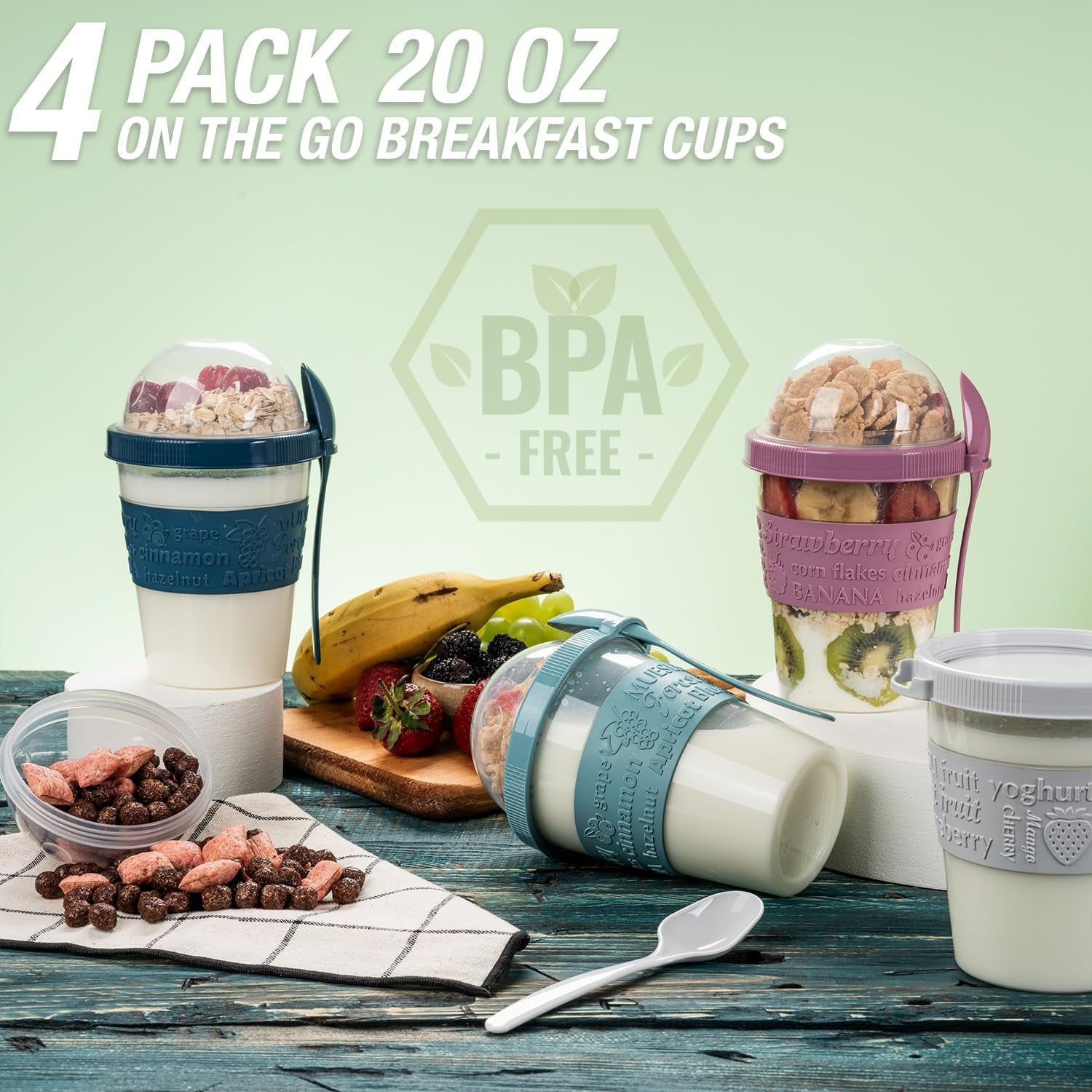 4 Pack on the Go Cereal Yogurt Cups with Lids and Spoon, Overnight Oats Container, Reusable Parfait Plastic Milk Pot Breakfast Crunch Granola Oatmeal Smoothie Snack Prep Jar (4 Colors Set 2)