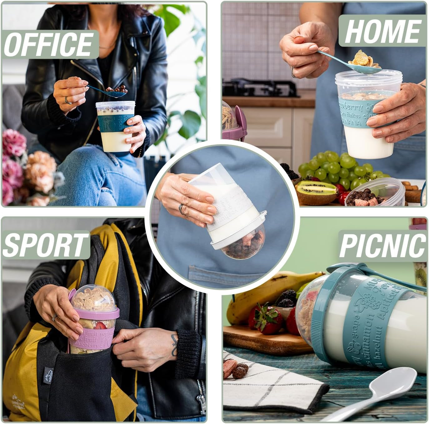 4 Pack on the Go Cereal Yogurt Cups with Lids and Spoon, Overnight Oats Container, Reusable Parfait Plastic Milk Pot Breakfast Crunch Granola Oatmeal Smoothie Snack Prep Jar (4 Colors Set 2)