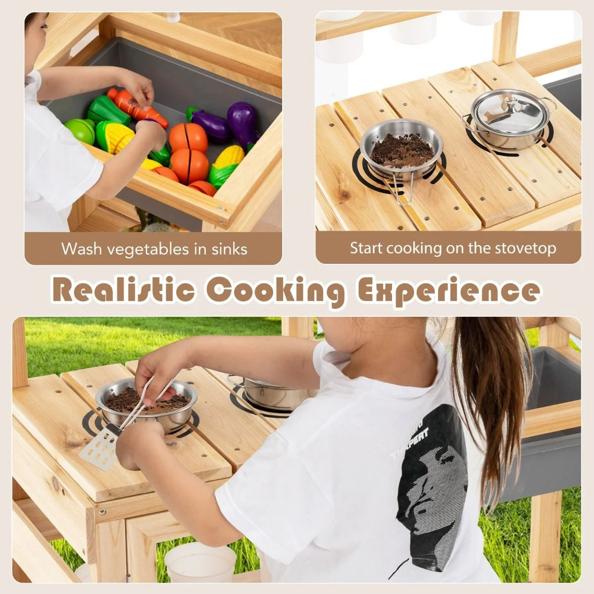 Patio Wooden Pretend Play Kitchen with Plants Observation Room for Kids Outdoor