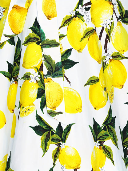 Lemon Print Chic Dress - Flattering Crew Neck, Cap Sleeves & Belted Waist