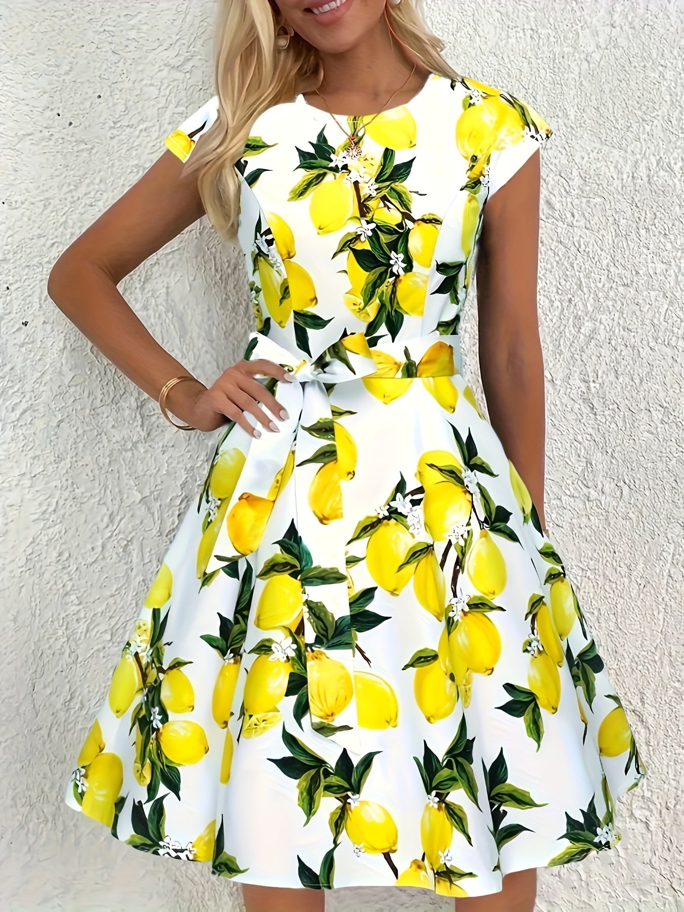 Lemon Print Chic Dress - Flattering Crew Neck, Cap Sleeves & Belted Waist