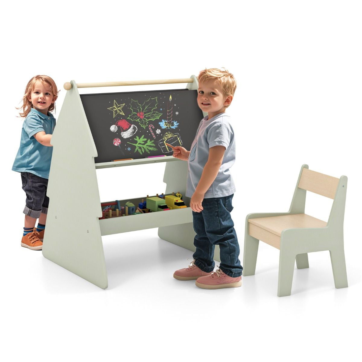 2-In-1 Double-Sided Kids Art Easel with Stool and Paper Roll Holder