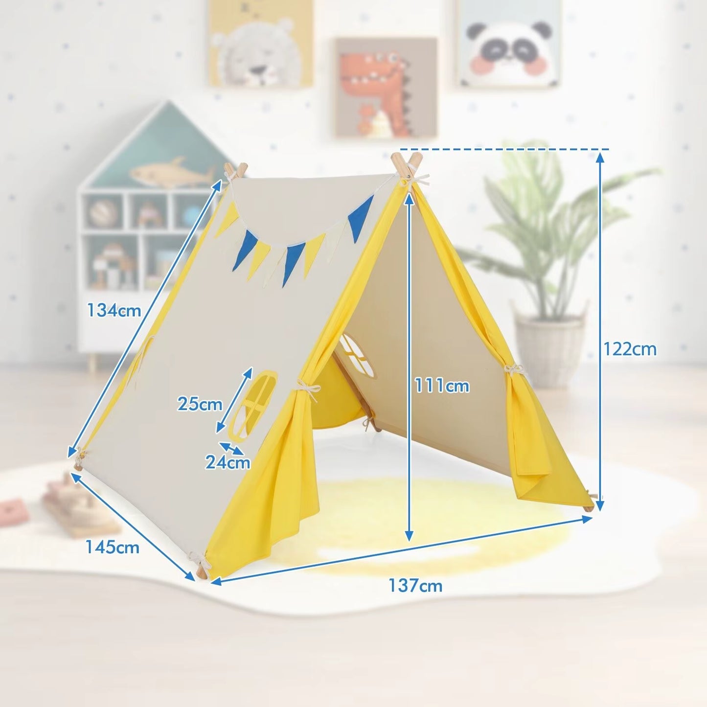 Kids Play Tent Cotton Canvas Playhouse Toddler Castle Tent W/ Solid Wood Frame
