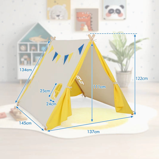 Kids Play Tent Cotton Canvas Playhouse Toddler Castle Tent W/ Solid Wood Frame