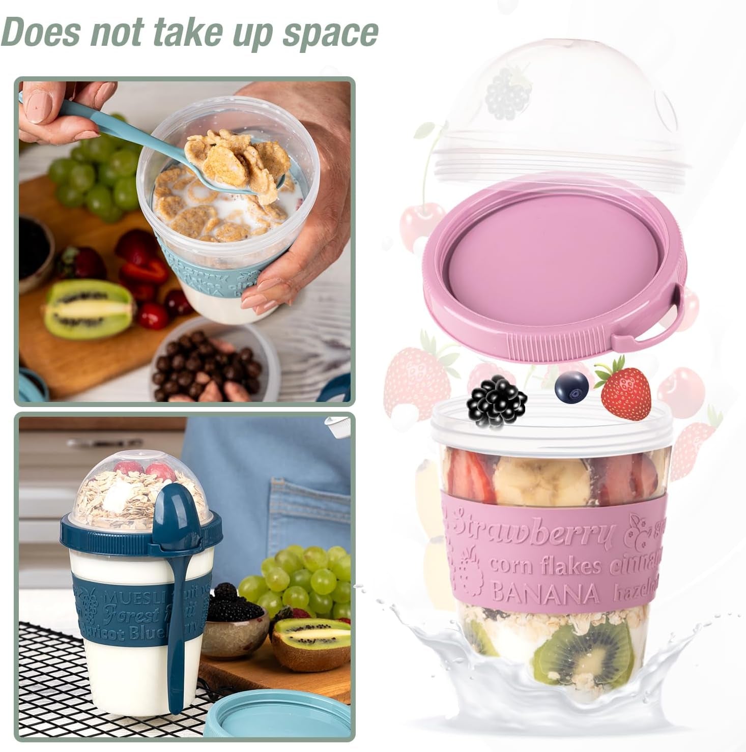 4 Pack on the Go Cereal Yogurt Cups with Lids and Spoon, Overnight Oats Container, Reusable Parfait Plastic Milk Pot Breakfast Crunch Granola Oatmeal Smoothie Snack Prep Jar (4 Colors Set 2)