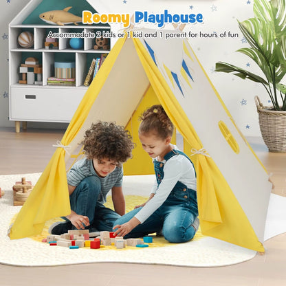 Kids Play Tent Cotton Canvas Playhouse Toddler Castle Tent W/ Solid Wood Frame