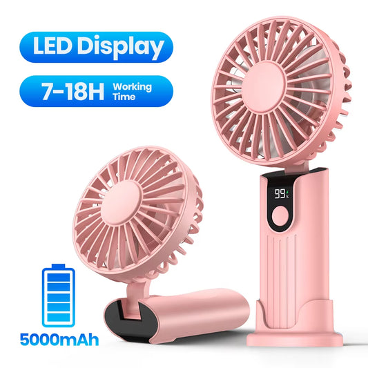 Portable Handheld Fan 5000Mah USB Rechargeable Foldable Fan 3 in 1 Personal Travel Fan with Digital Display Desk Fan
