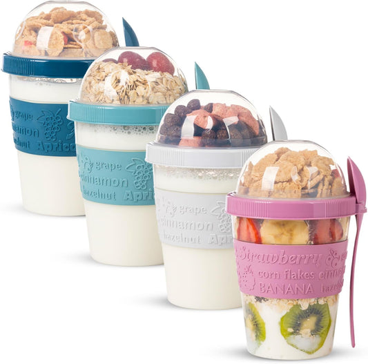 4 Pack on the Go Cereal Yogurt Cups with Lids and Spoon, Overnight Oats Container, Reusable Parfait Plastic Milk Pot Breakfast Crunch Granola Oatmeal Smoothie Snack Prep Jar (4 Colors Set 2)