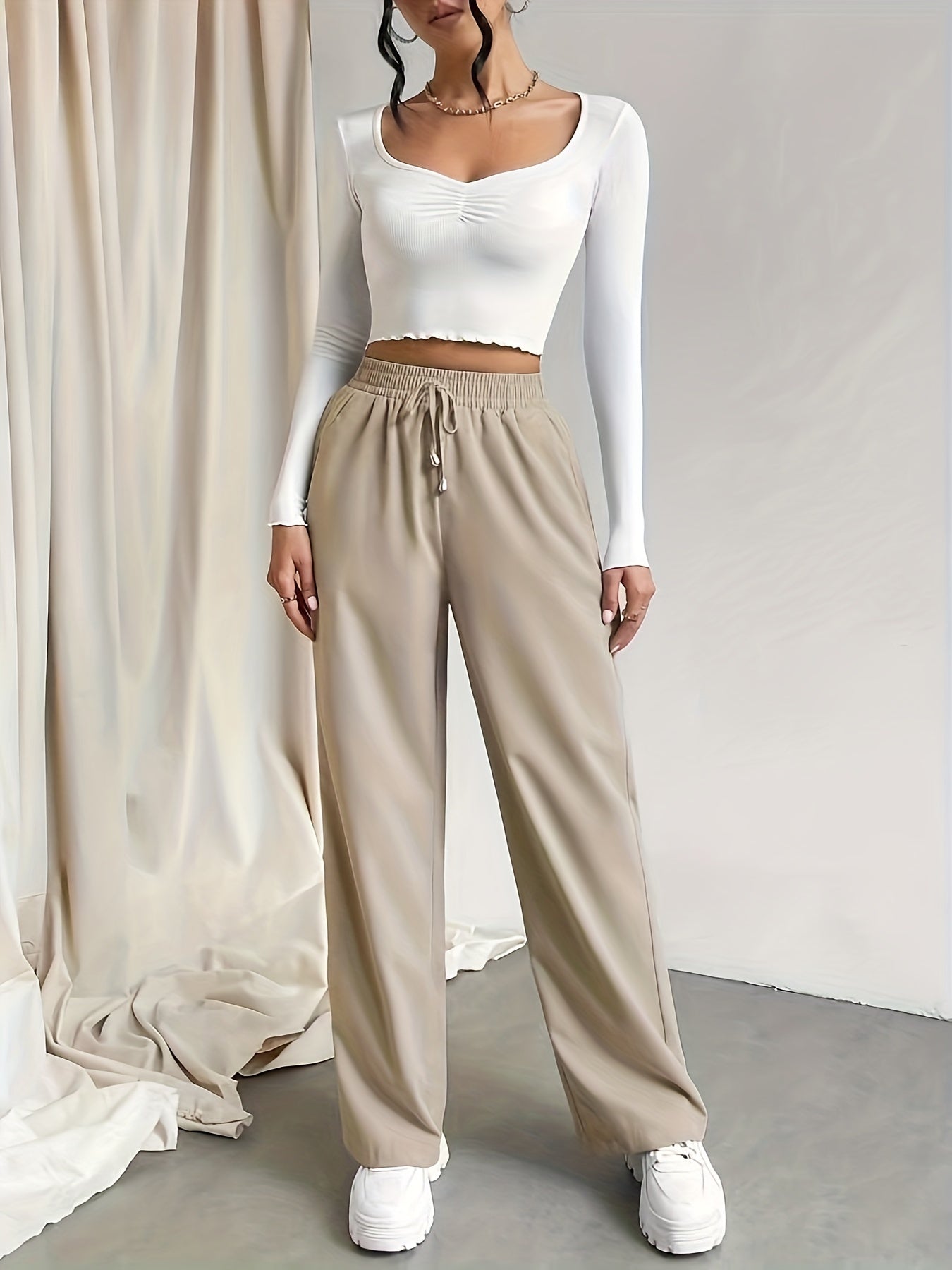 Womens Solid Drawstring Wide Leg Pants