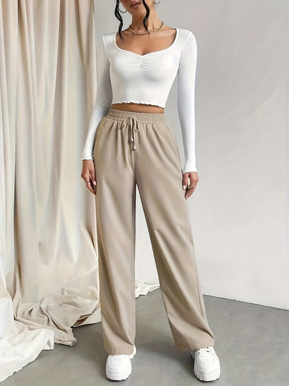 Womens Solid Drawstring Wide Leg Pants