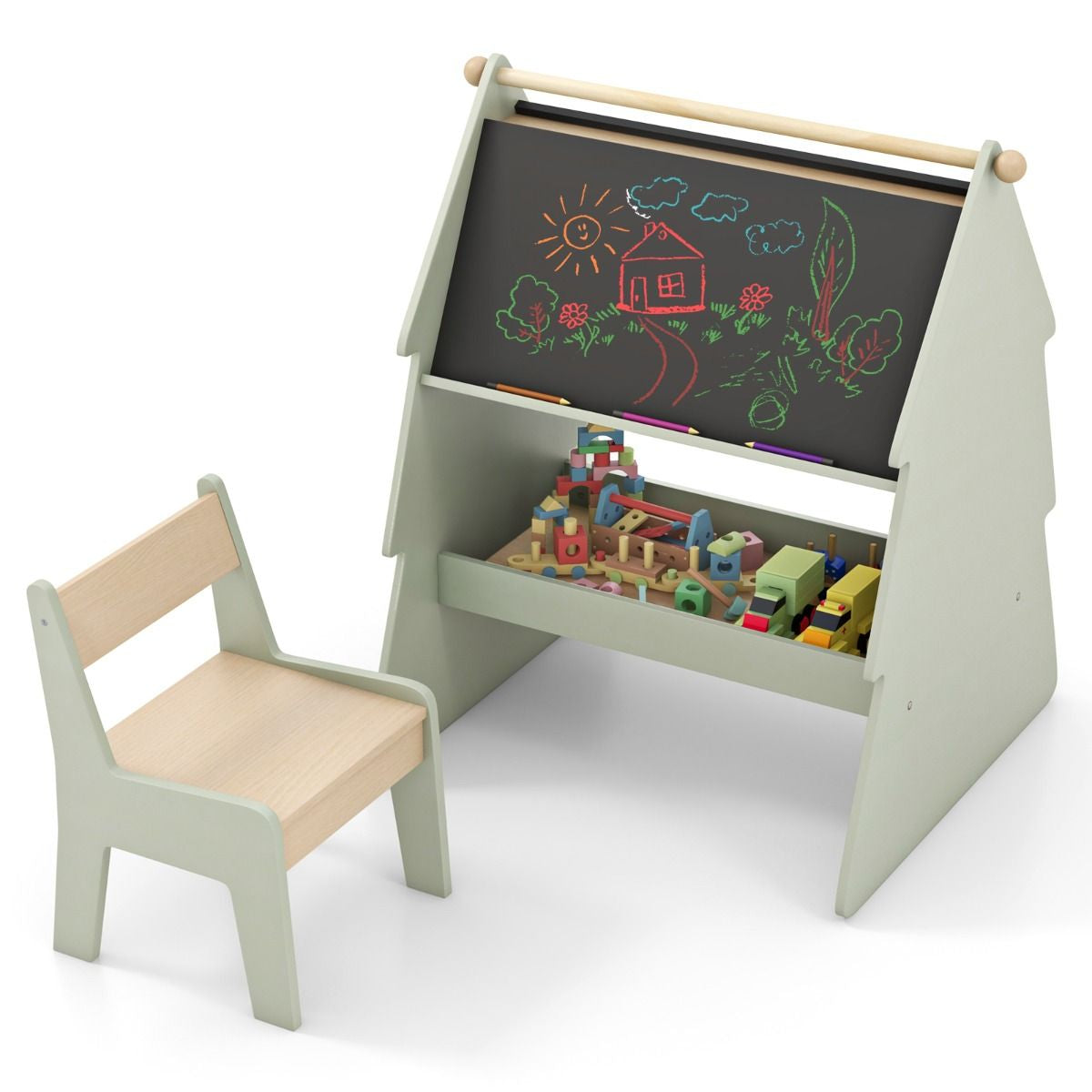 2-In-1 Double-Sided Kids Art Easel with Stool and Paper Roll Holder