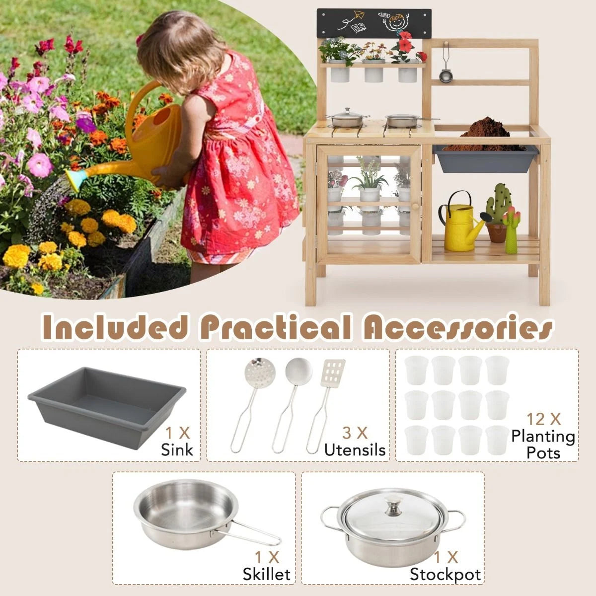 Patio Wooden Pretend Play Kitchen with Plants Observation Room for Kids Outdoor