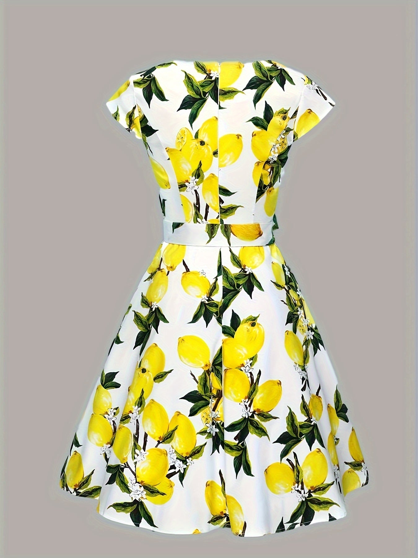 Lemon Print Chic Dress - Flattering Crew Neck, Cap Sleeves & Belted Waist