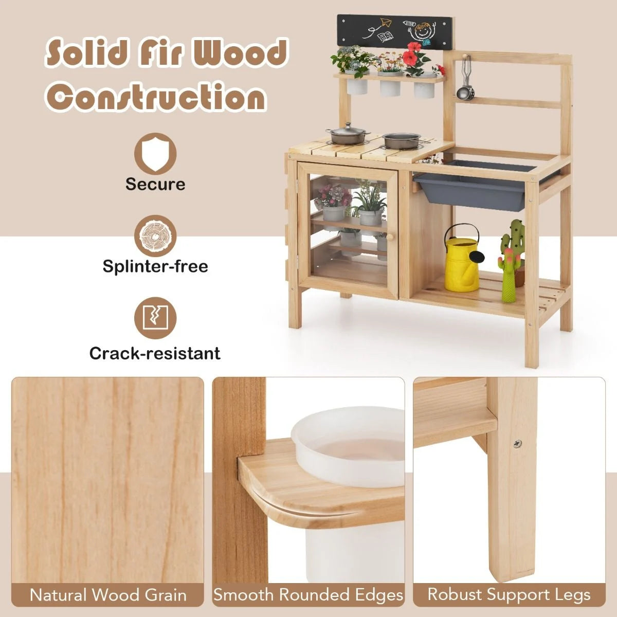 Patio Wooden Pretend Play Kitchen with Plants Observation Room for Kids Outdoor