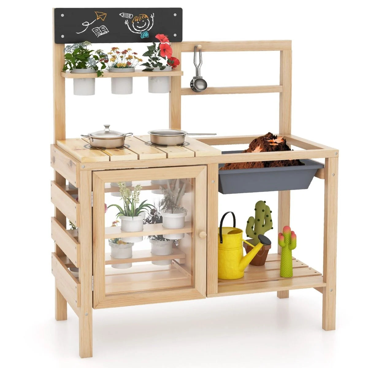 Patio Wooden Pretend Play Kitchen with Plants Observation Room for Kids Outdoor