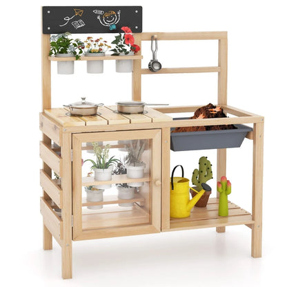 Patio Wooden Pretend Play Kitchen with Plants Observation Room for Kids Outdoor