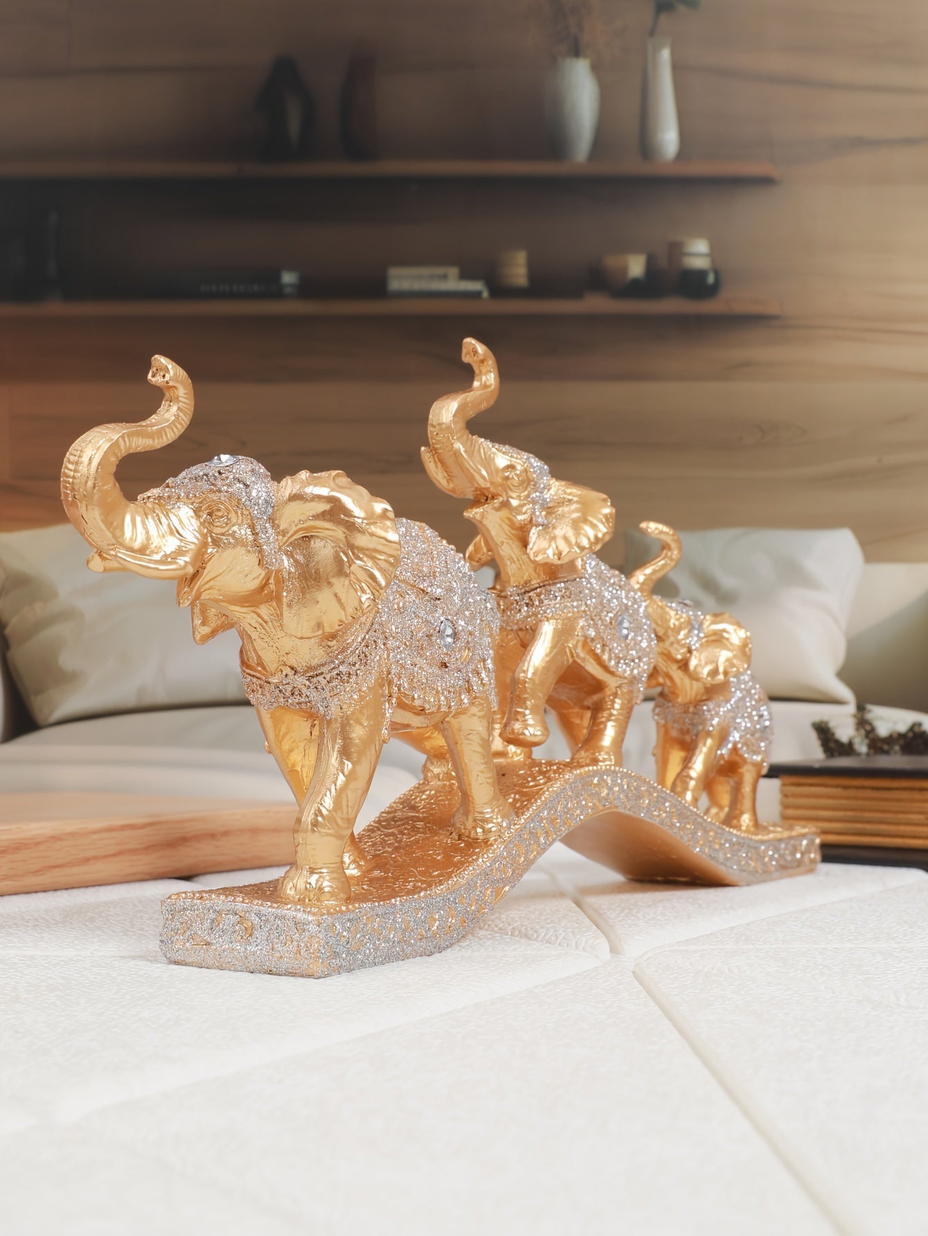 Elegant Resin Elephant Figurines on Golden Base