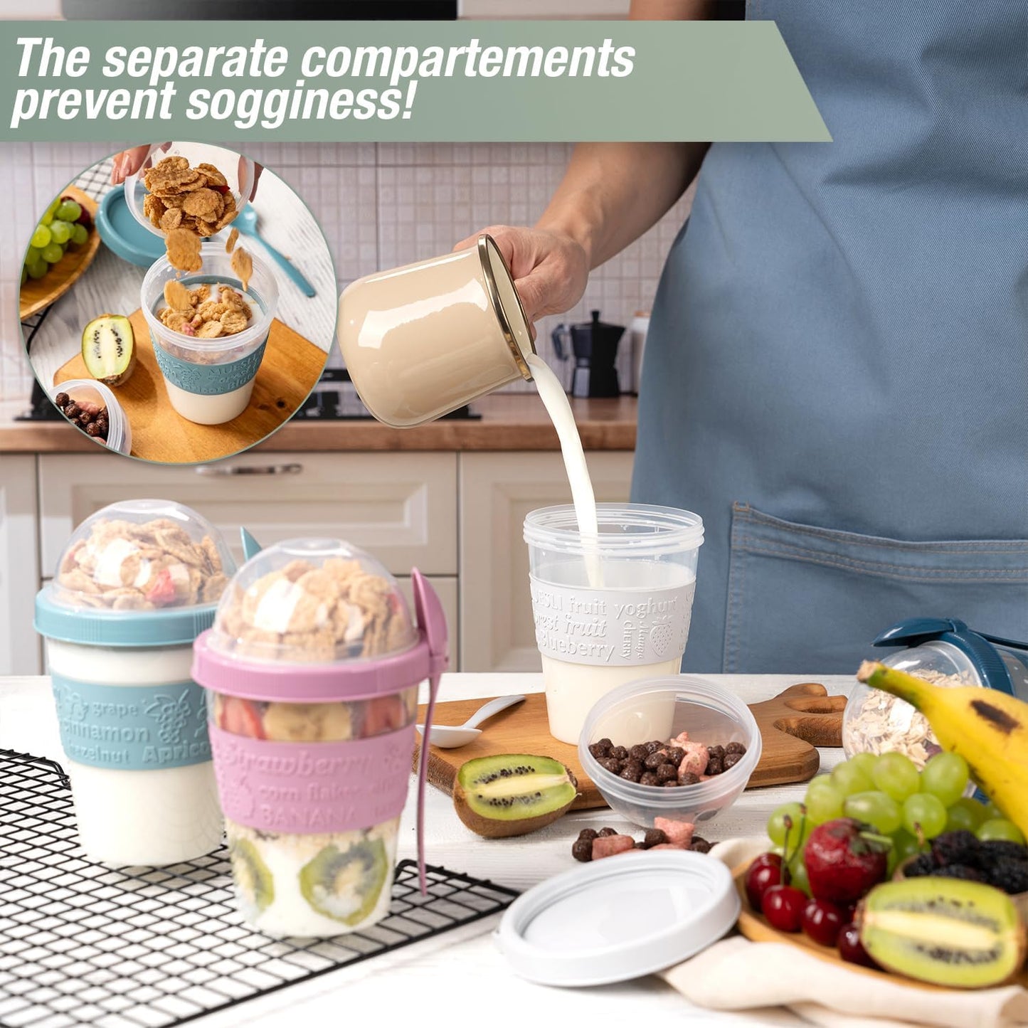 4 Pack on the Go Cereal Yogurt Cups with Lids and Spoon, Overnight Oats Container, Reusable Parfait Plastic Milk Pot Breakfast Crunch Granola Oatmeal Smoothie Snack Prep Jar (4 Colors Set 2)