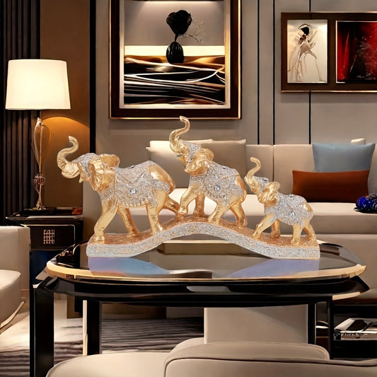 Elegant Resin Elephant Figurines on Golden Base
