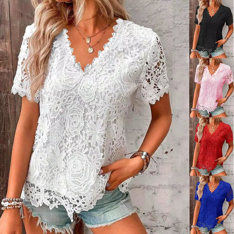 Ladies Lace V Neck Blouse Tee Short Sleeve Summer Tops Casual T-Shirts plus SIZE