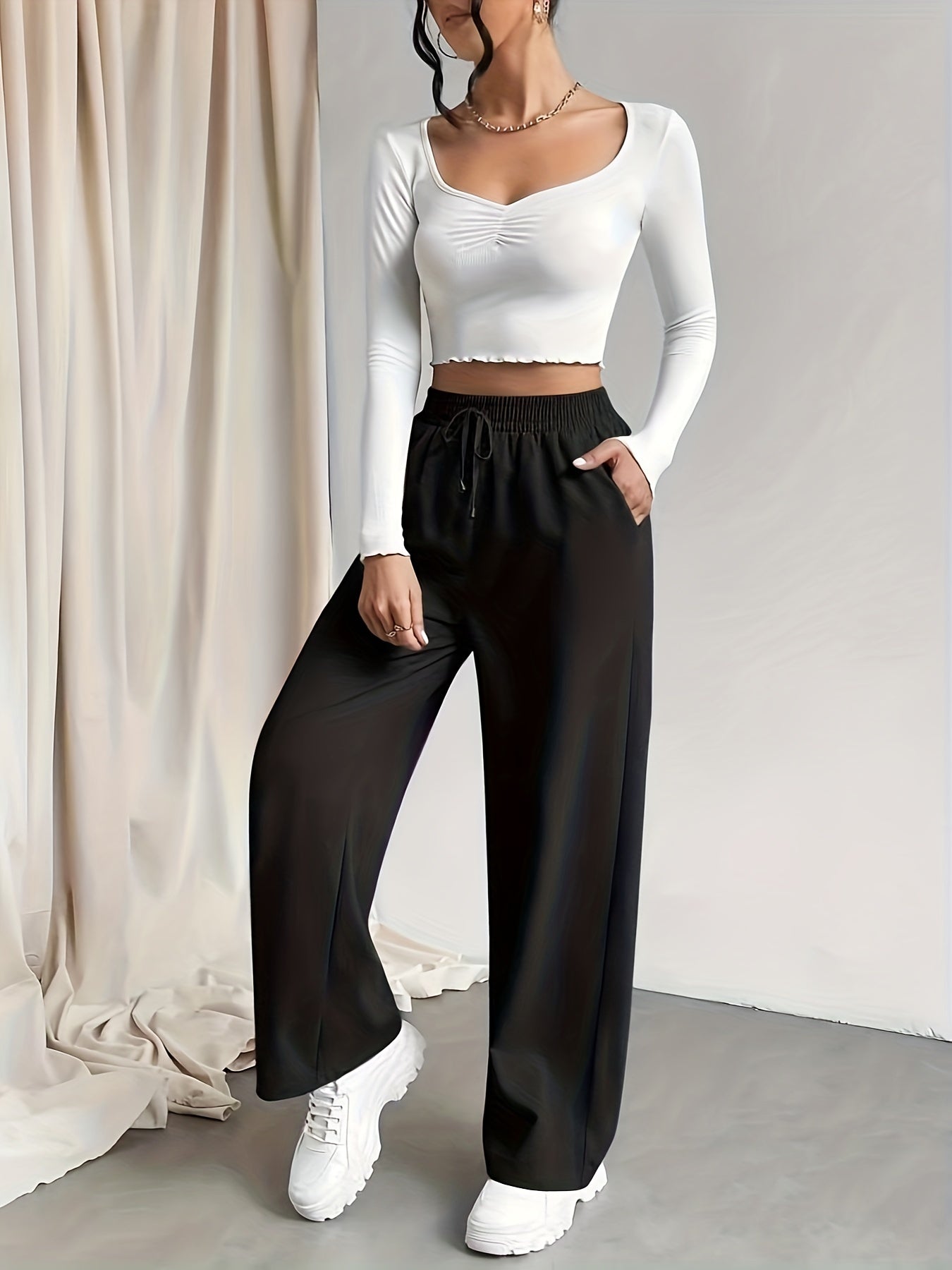 Womens Solid Drawstring Wide Leg Pants