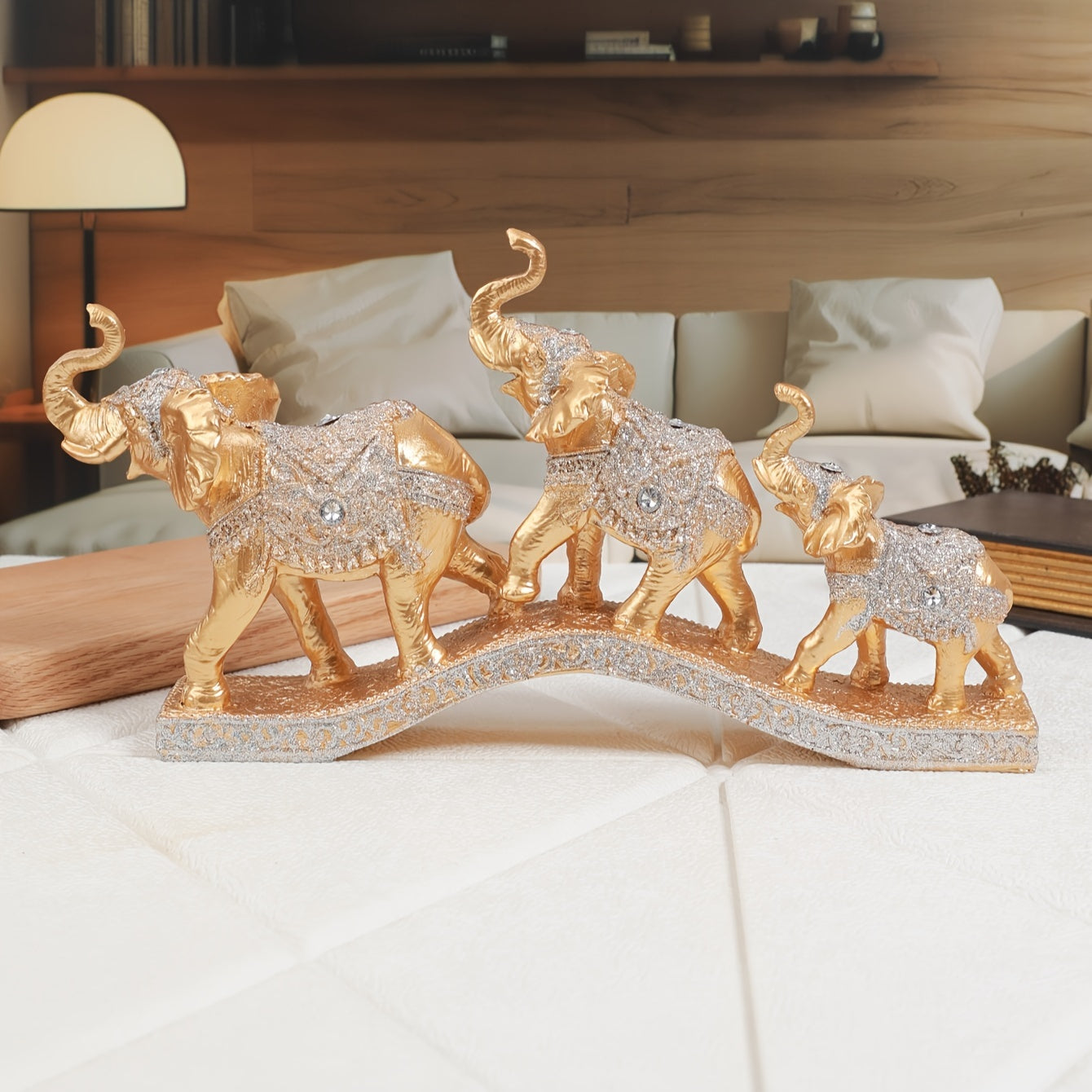 Elegant Resin Elephant Figurines on Golden Base