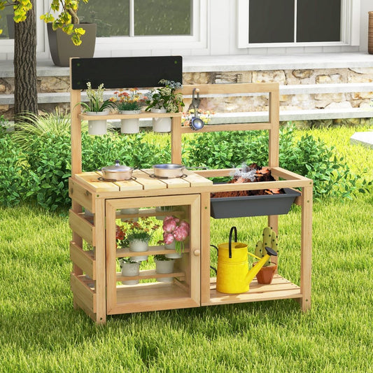 Patio Wooden Pretend Play Kitchen with Plants Observation Room for Kids Outdoor