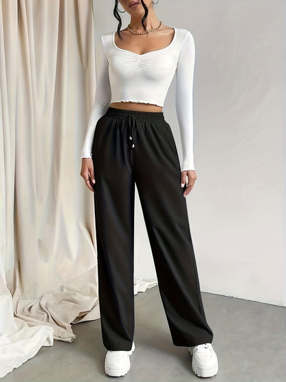 Womens Solid Drawstring Wide Leg Pants
