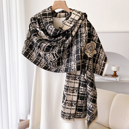 Cashmere-like Double-sided Scarf Camellia Tassel Air-conditioned Room Cloak